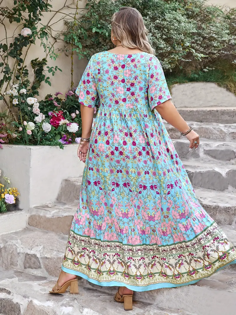 long boho dresses plus size Plus Size Women's V-Neck Belted Maxi Boho Dress