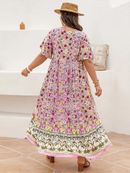 plus size pink boho maxi dress Jngsa Women's Boho Maxi Dresses Casual Ruffle Long Sleeve V-Neck Flowy Long Beach Dress Plus Size Loose Dress Hot Pink